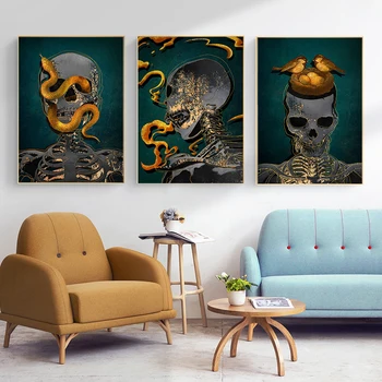 Абстрактный черный череп с золотым цветком, Змея, Дымчатая птица, Плакат и принты, картина на холсте, настенное художественное изображение, украшение гостиной