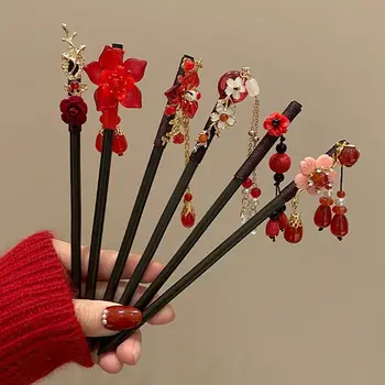 Деревянная палочка для волос с кисточкой, старинный красный цветок, заколка Hanfu, палочки для булочек в китайском стиле для женщин