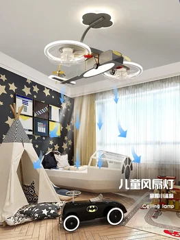 Лампа-вентилятор для самолета, серая лампа для детской комнаты, Креативная лампа-вентилятор для мальчика, Потолочный светильник для спальни на вертолете, монтируемый на поверхность
