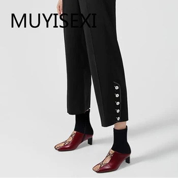 Новые модные великолепные ботильоны с квадратным носком и боковой молнией на высоком каблуке 5,5 см разных цветов, очаровательные винтажные ботильоны с эластичной резинкой HL317 MUYISEXI